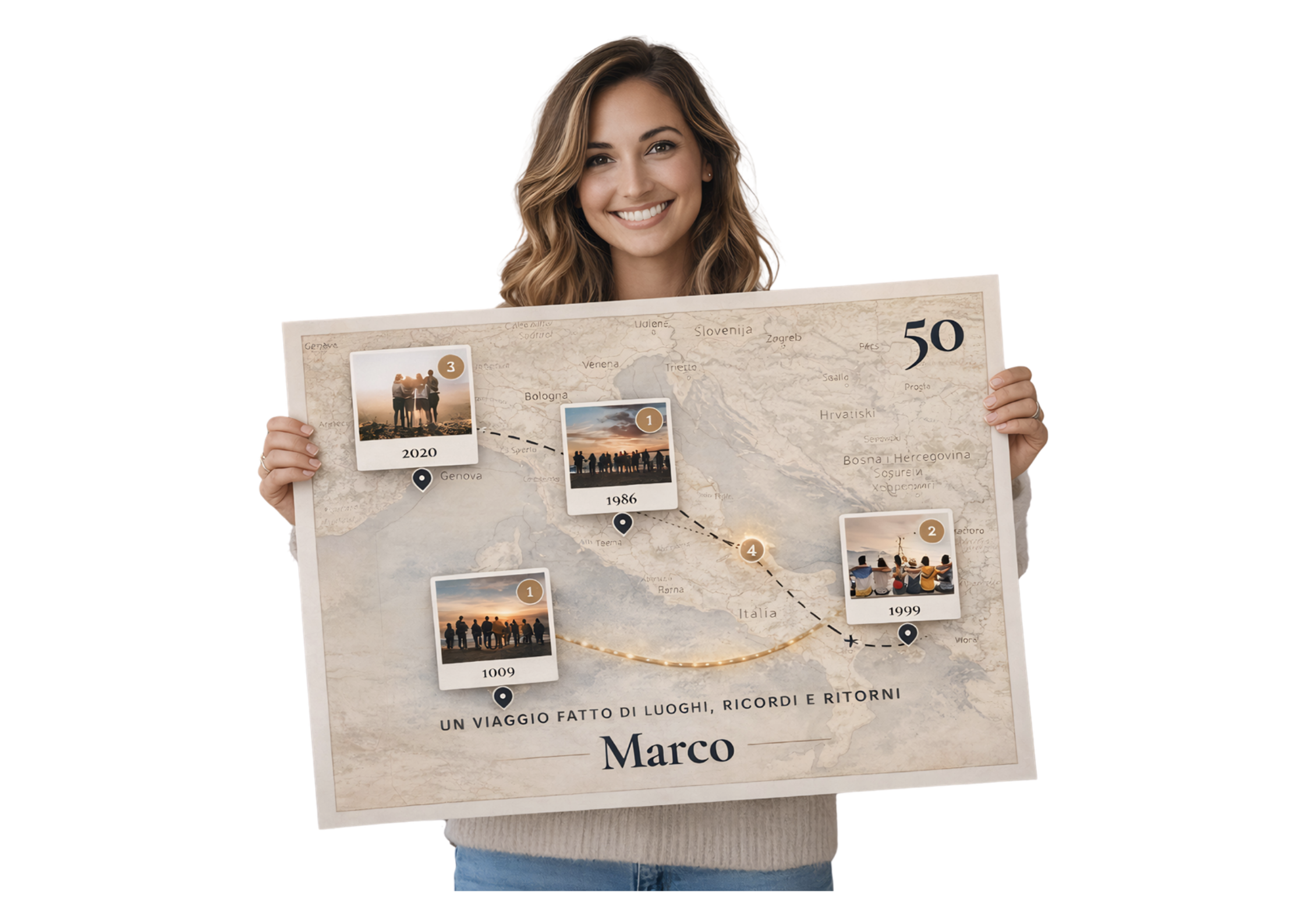 Donna sorridente che tiene tra le mani un poster MappaVita personalizzato